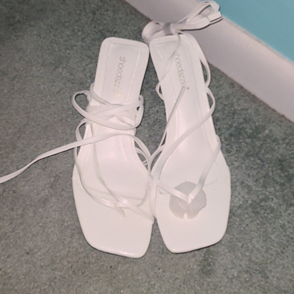 white lace up kitten heels